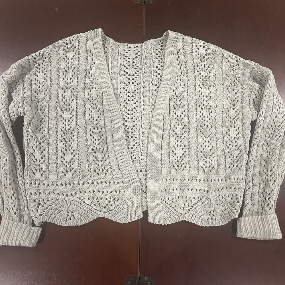 Women's Green Cardigan Open Knit Sweater Scalloped Edge Long Sleeve  Sz L